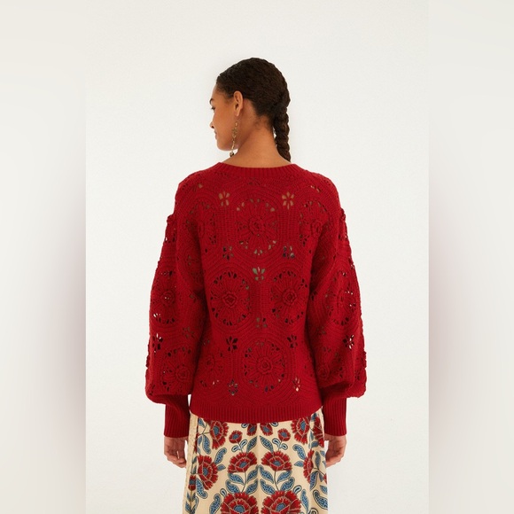 Farm Rio Red Crochet Flower Knit Cardigan XL - Picture 4 of 7